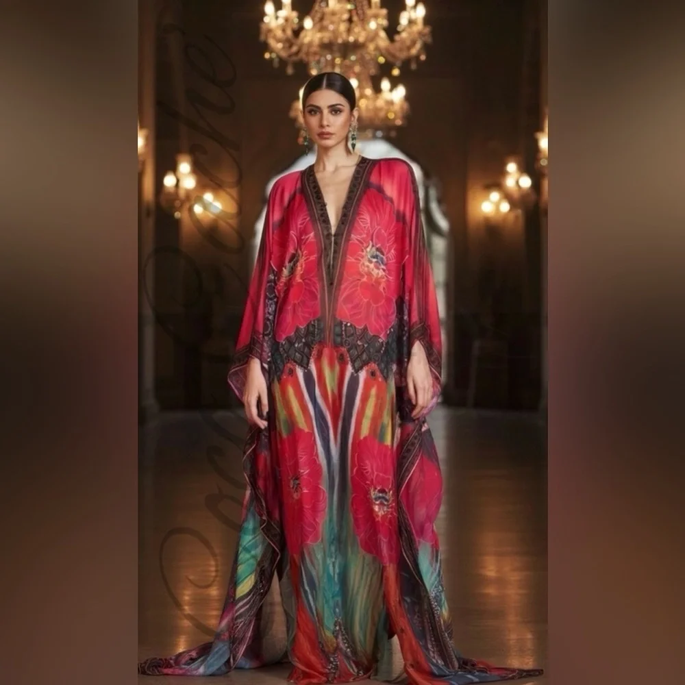 Elegant Floral Print Kaftan Oversized Maxi Kimono Tunic Poncho Coverup - Picture 2 of 14